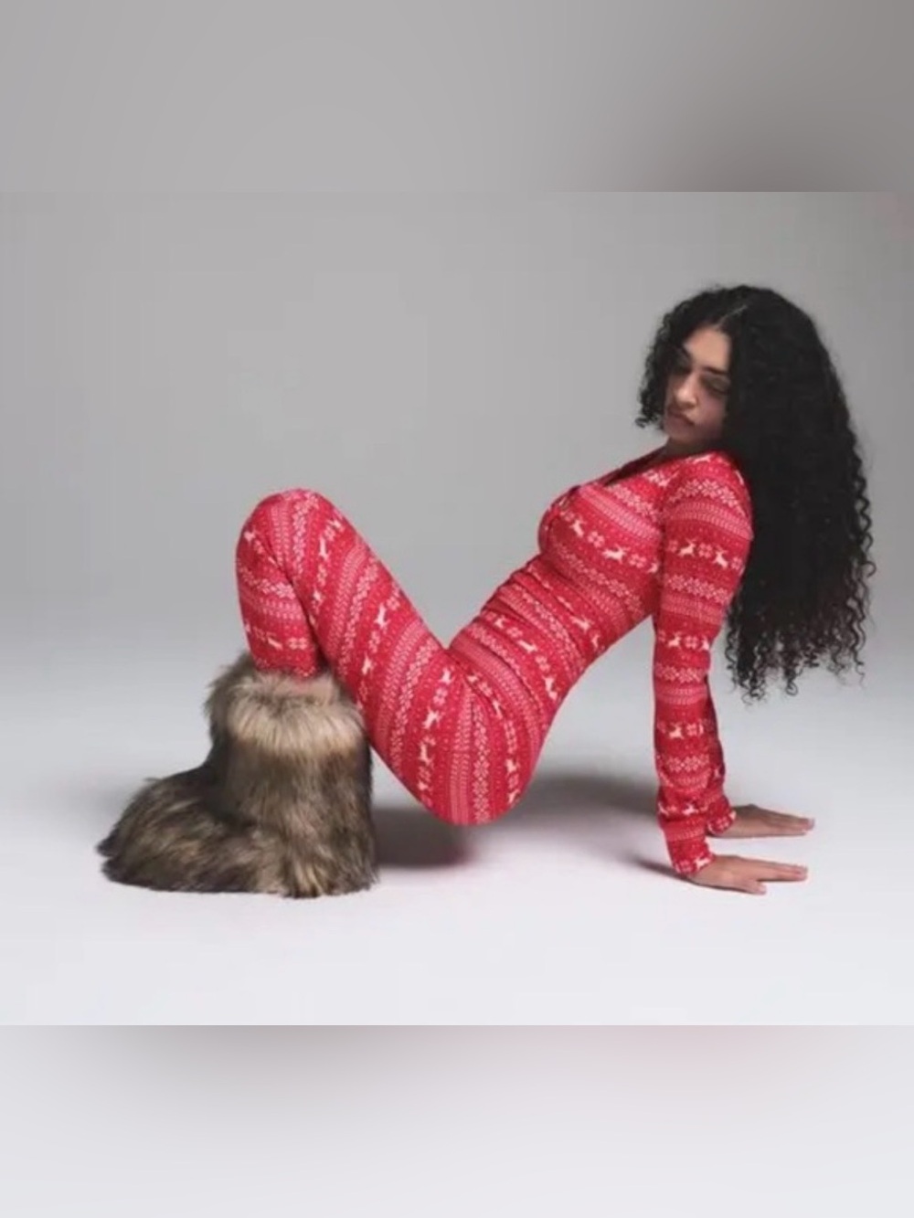 $128 Skims Logo Plush Pointelle Henley Jumpsuit Red and Pink Sz M